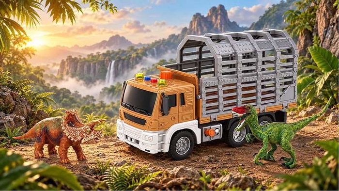 Jugatoys - misdinos Camión porta dinosaurios escala 1:16 con 2 dinosaurios