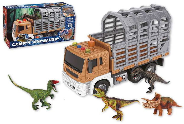 Camión porta dinosaurios, incluye 2 dinosaurios, con luces y sonidos, escala 1:16