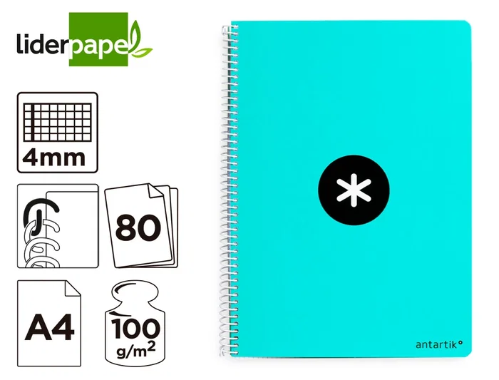 Antartik Cuaderno Espiral A4 Tapa Dura 80 Hojas 90gr Cuadro 4mm Margen Color Menta