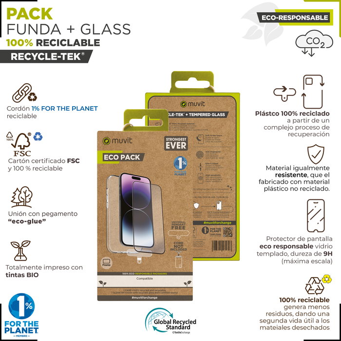Muvit Pack Funda Recycletek + Protector Pantalla Eco Responsable para Samsung Galaxy S24, Materiales Reciclados, Alta Resistencia 9H
