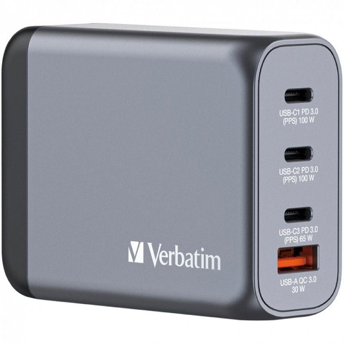 Verbatim GNC-100 Cargador de Pared GaN 100W 4 Puertos (3xUSB-C, 1xUSB-A)