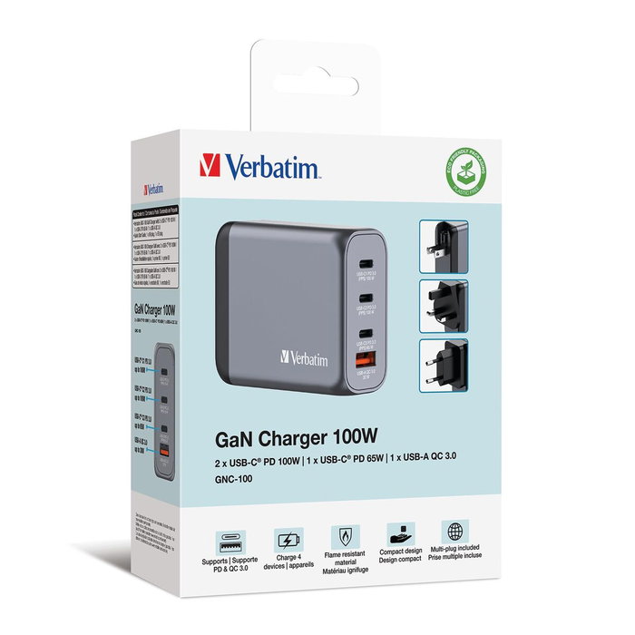 Verbatim GNC-100 Cargador de Pared GaN 100W 4 Puertos (3xUSB-C, 1xUSB-A)