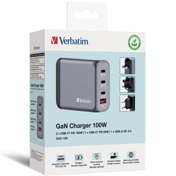 Verbatim GNC-100 Cargador de Pared GaN 100W 4 Puertos (3xUSB-C, 1xUSB-A)