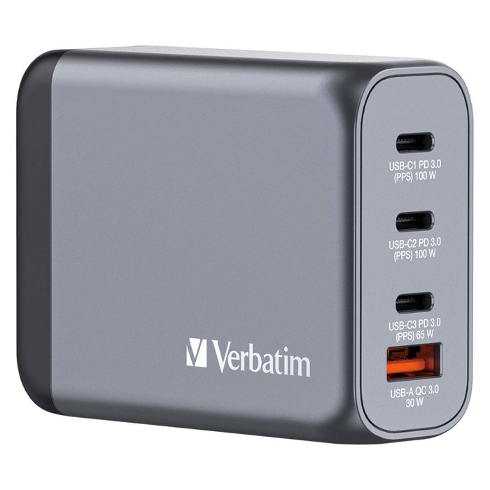 Verbatim GNC-100 Cargador de Pared GaN 100W 4 Puertos (3xUSB-C, 1xUSB-A)