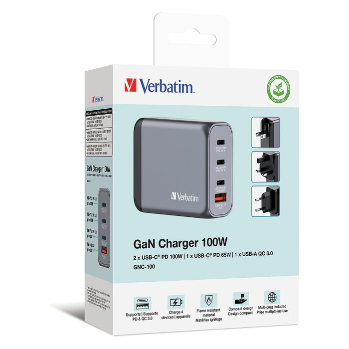 Verbatim GNC-100 Cargador de Pared GaN 100W 4 Puertos (3xUSB-C, 1xUSB-A)
