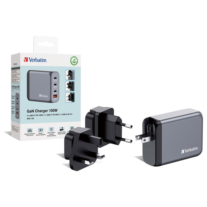 Verbatim GNC-100 Cargador de Pared GaN 100W 4 Puertos (3xUSB-C, 1xUSB-A)
