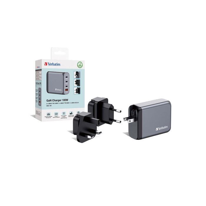 Verbatim GNC-100 Cargador de Pared GaN 100W 4 Puertos (3xUSB-C, 1xUSB-A)