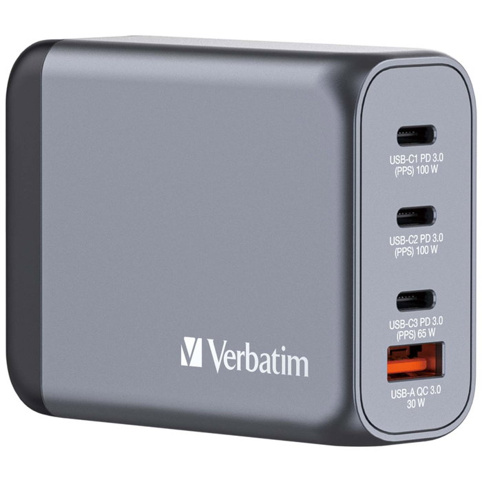 Verbatim GNC-100 Cargador de Pared GaN 100W 4 Puertos (3xUSB-C, 1xUSB-A)