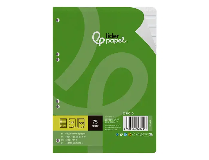 Liderpapel Recambio Din A5 100 hojas 75 g pauta 3,5 mm con margen 6 taladros