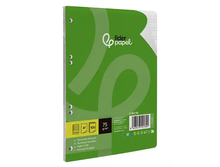 Liderpapel Recambio Din A5 100 hojas 75 g pauta 3,5 mm con margen 6 taladros