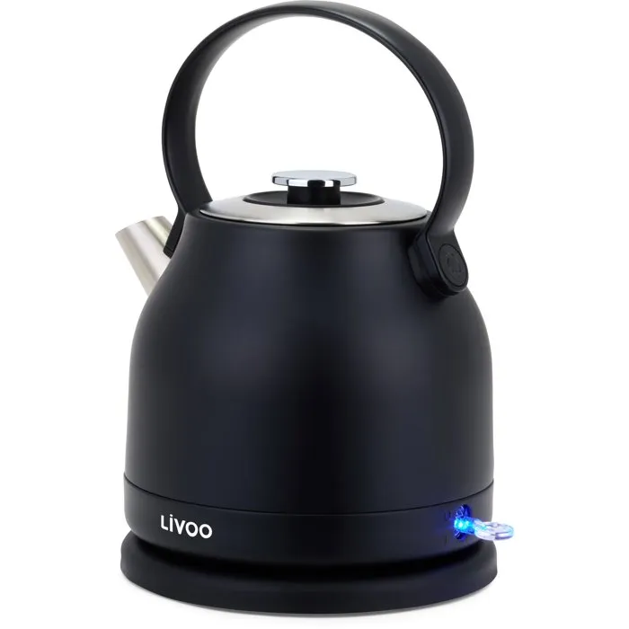 Livoo Hervidor Electrico Retro DOD202N 1.5L 2200W Negro - Base Giratoria 360 Grados, Acero Inoxidable y Apagado Automatico