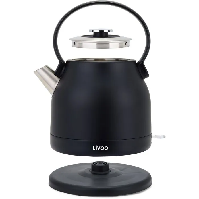 Livoo Hervidor Electrico Retro DOD202N 1.5L 2200W Negro - Base Giratoria 360 Grados, Acero Inoxidable y Apagado Automatico