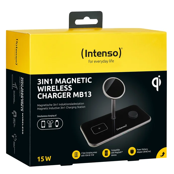Intenso MB13 Cargador Inalámbrico 3 en 1 para Auriculares, Smartphone y Apple Watch con Carga Rápida 15W, Compatible MagSafe, Cable USB-C 1.5m, Negro, 7410810 Intenso MB13 Cargador Inalámbrico 3 en 1 para Auriculares, Smartphone y Apple Watch con Carga Rápida 15W, Compatible MagSafe, Cable USB-C 1.5m, Negro, 7410810