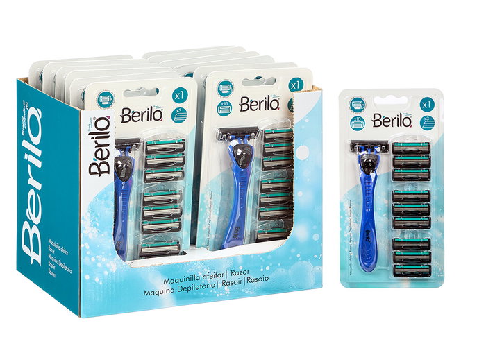 Berilo Maquinilla de Afeitar con 10 Recambios, 3 Hojas, Color Azul, Dimensiones 11x21x3 cm (Set de 24) Berilo Maquinilla de Afeitar con 10 Recambios, 3 Hojas, Color Azul, Dimensiones 11x21x3 cm (Set de 24)