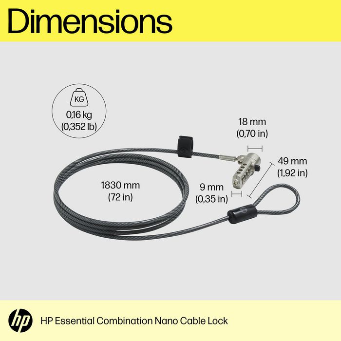 HP Essential Nano Combination Cable Lock para portátil, bloqueo sin llave