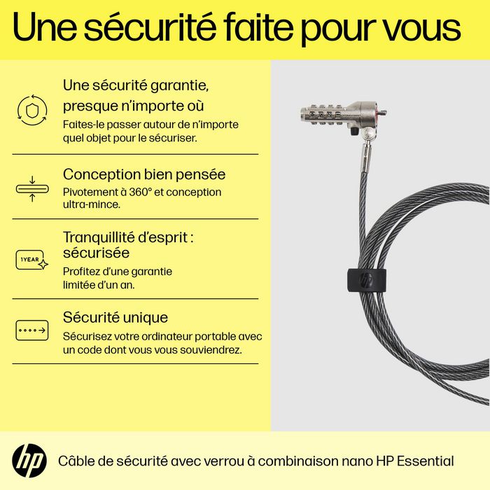 HP Essential Nano Combination Cable Lock para portátil, bloqueo sin llave