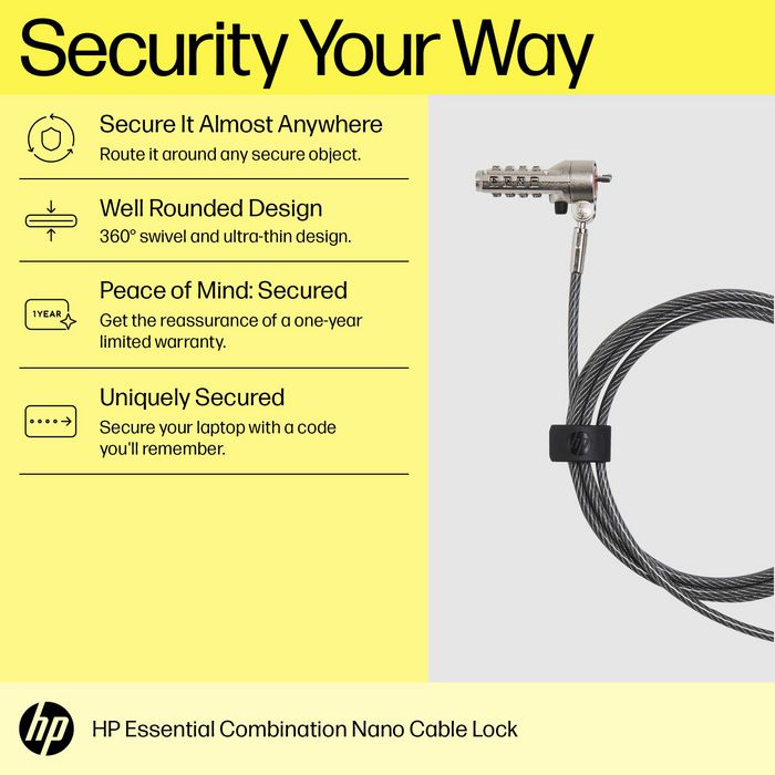 HP Essential Nano Combination Cable Lock para portátil, bloqueo sin llave
