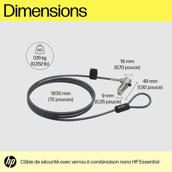 HP Essential Nano Combination Cable Lock para portátil, bloqueo sin llave