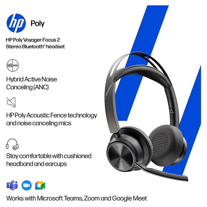 HP Voyager Focus 2 UC Auriculares Inalámbricos Bluetooth Diadema para Oficina/Centro de Llamadas, USB-C/A, Cancelación de Ruido Activo, Negro