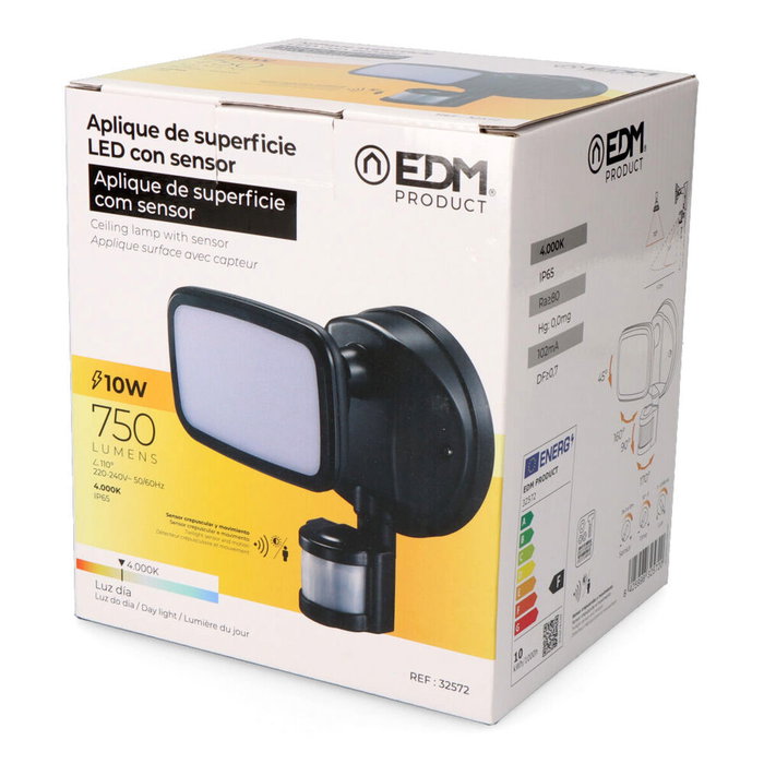 Edm Aplique LED con Sensor Crepuscular y de Movimiento Negro