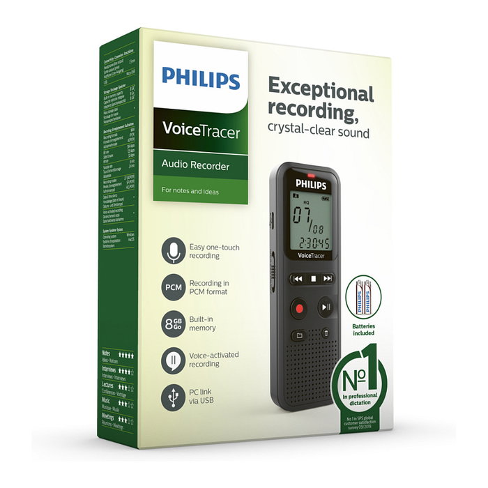 Philips Voice Tracer DVT1160 - Grabadora de voz digital, 8 kHz, rango 750-18000 Hz, compatible Windows/macOS, color Negro