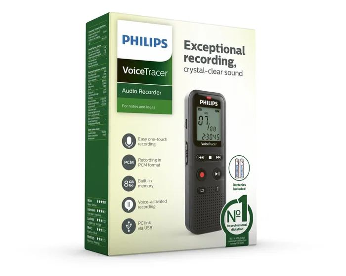 Philips Voice Tracer DVT1160 Grabadora de Voz, Negro, 8 kHz, Windows 10/8/7, macOS