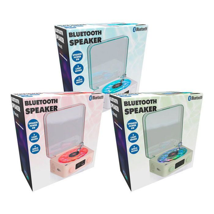 Basics Altavoz Bluetooth Tocadiscos con Reloj, Ruido Blanco y Luz RGB, 14x15x7 cm