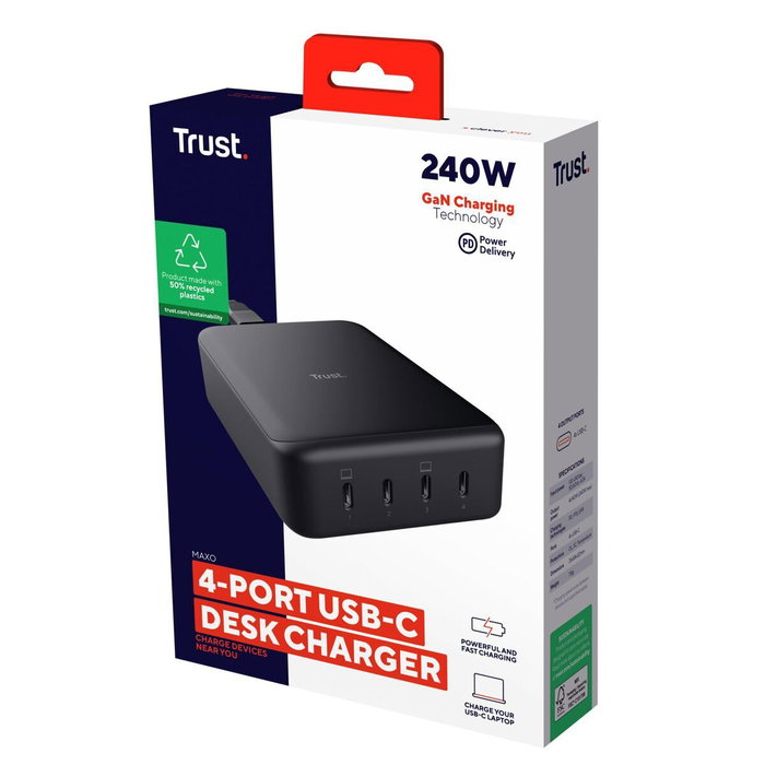 Trust Maxo Cargador de Sobremesa GaN 240 W 4xUSB-C Negro