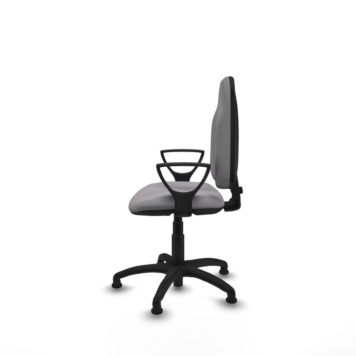 Silla de oficina Algarra con mecanismo Contacto permanente básico tapizada con Similpiel color Gris. Equipada con Base poliamida negra, Brazos fijosy Topes
