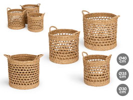 Giftdecor - Set de 3 Cestos Redondos Calados de Alga Marina, Marrón, Diámetro 40 cm - Decoración de Hogar