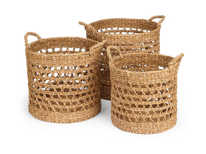 Giftdecor Set de 3 Cestos Redondos Calados de Alga Marina, Color Marrón, 40 cm Diámetro, Incluye Cesta Mediana 35x35x38 cm