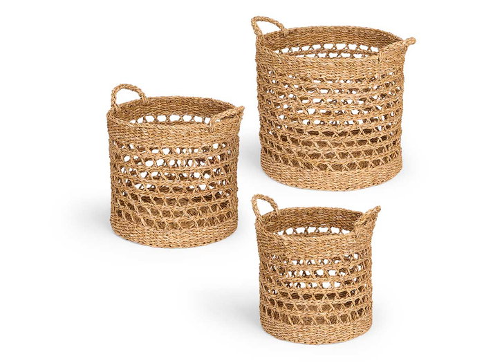 Giftdecor Set de 3 Cestos Redondos Calados de Alga Marina, Color Marrón, 40 cm Diámetro, Incluye Cesta Mediana 35x35x38 cm