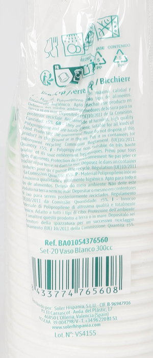 Algon Set 20 Vasos Blancos 300 cc - Ø 7.5 cm x 11 cm (24 Unidades)