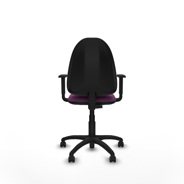 Silla de oficina Aýna con mecanismo Contacto permanente básico tapizada con Similpiel color Morado. Equipada con Base poliamida negra, Brazos 1D y Ruedas de parqué