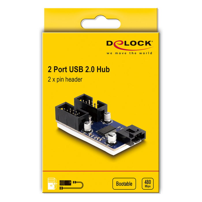 DeLOCK Hub USB 2.0 de 2 puertos con conexión a cabezal interno