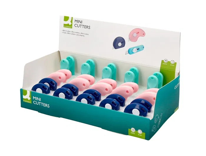 Q-connect Cuter de Seguridad Retractil Mini Plástico, Modelos y Colores Surtidos, Expositor 30 Unidades