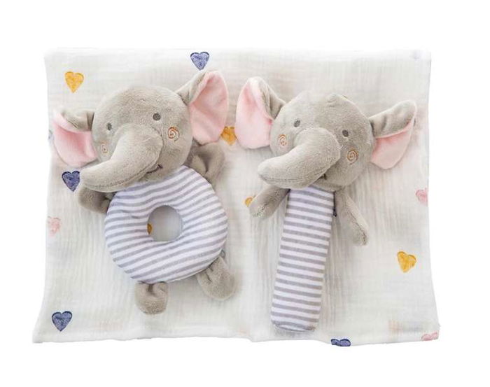 Creaciones Llopis Set Caja + Muselina 90x65cm + Pito + Sonajero 20cm Elefante Creaciones Llopis Set Caja + Muselina 90x65cm + Pito + Sonajero 20cm Elefante