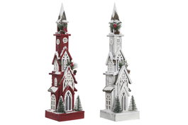 DKD Home Decor Set de 2 Casas LED de Madera Rojo y Blanco 16x14x63 cm