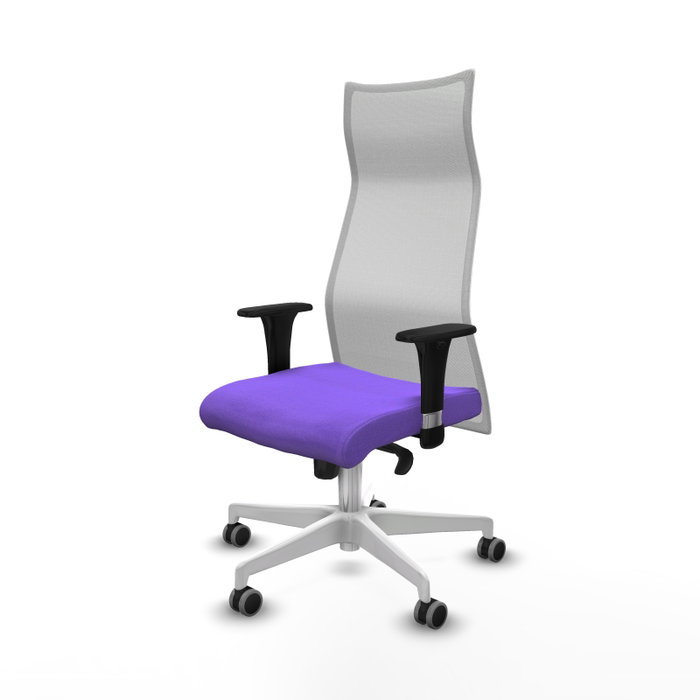 PIQUERAS Y CRESPO Sillón Albacete con Mecanismo Sincro, Tela Lila y Malla Blanca, Base Blanca, Brazos 1D, Ruedas 65mm PIQUERAS Y CRESPO Sillón Albacete con Mecanismo Sincro, Tela Lila y Malla Blanca, Base Blanca, Brazos 1D, Ruedas 65mm