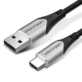 Vention Cable USB 2.0 Tipo-C Macho a USB A Macho 1m CODHF - Malla Nylon, Carga Rápida 3A, Transferencia Datos 480 Mbps, Conector Aluminio Negro