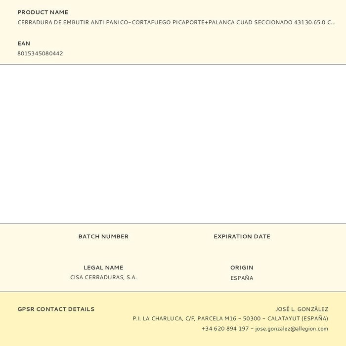 Cisa 43130.65.0 Cerradura de embutir anti pánico-cortafuego con picaporte + palanca y cuadro seccionado, acabado acero cincado
