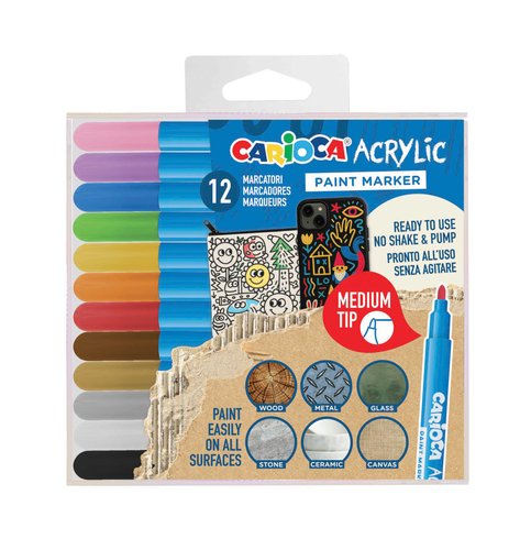 Carioca Paint Marker Rotulador Acrílico Punta Media, 12 Unidades Colores Surtidos