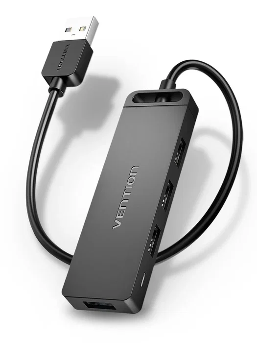 Vention CHMBB Hub USB 2.0 de 4 Puertos, 480 Mbit/s, Negro - Expansor y Concentrador para PC, con Indicadores LED y Cable de 15 cm