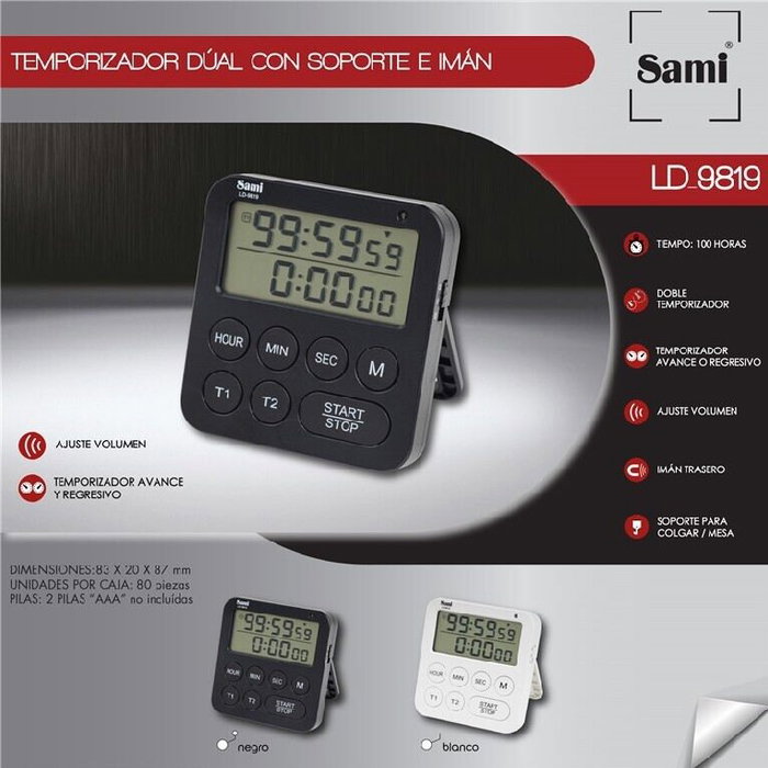 SAMI Temporizador Dos Horas con Soporte e Imán, Color Blanco