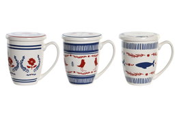 DKD Home Decor Pack de 6 Tazas de Porcelana BLUE RED BIRD Surtidas en Azul, Rojo y Blanco