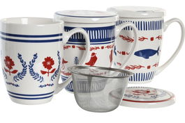 DKD Home Decor Mug Infusiones Mediterraneo Blue Red Bird Porcelana Inox Azul Rojo Blanco 9 x 11 x 12 cm (6 Unidades)