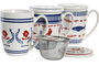 DKD Home Decor Mug Infusiones Mediterraneo Blue Red Bird Porcelana Inox Azul Rojo Blanco 9 x 11 x 12 cm (6 Unidades)