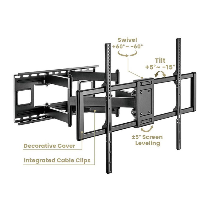 VALUE 17.99.1227 Soporte de TV a Pared, Negro, Acero, Para TV 60-120 Pulgadas, Hasta 120 kg, Ajustable con Inclinación y Giro (200 x 200 - 900 x 600 mm)