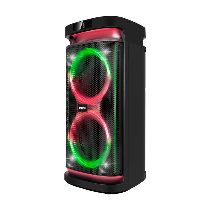 Phoenix Rumbleboss Altavoz Portátil Bluetooth 5.0 de 80W RMS con Micrófonos Karaoke, Luz RGB, Batería Recargable y Radio FM