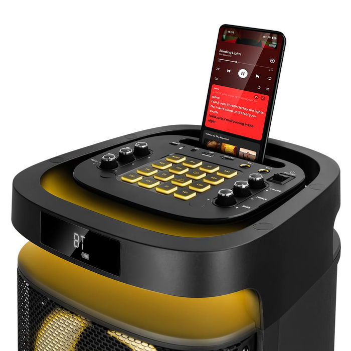 Phoenix Rumbleboss Altavoz Portátil Bluetooth 5.0 de 80W RMS con Micrófonos Karaoke, Luz RGB, Batería Recargable y Radio FM